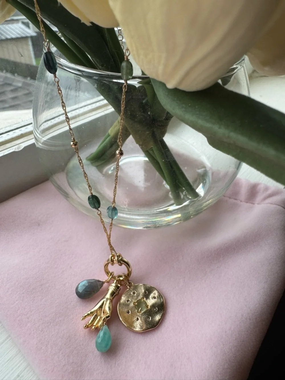 Gold Pendant Necklace with Green and Teal Gem Accents - Picture 2 of 4